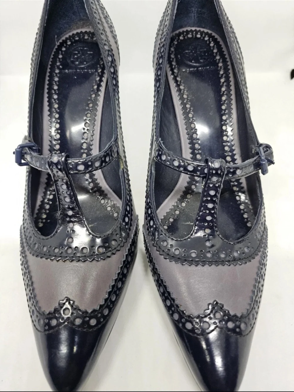 Tory Burch Black and Gray Pointed-Toe Mary Jane Heels - Picture 3 of 8